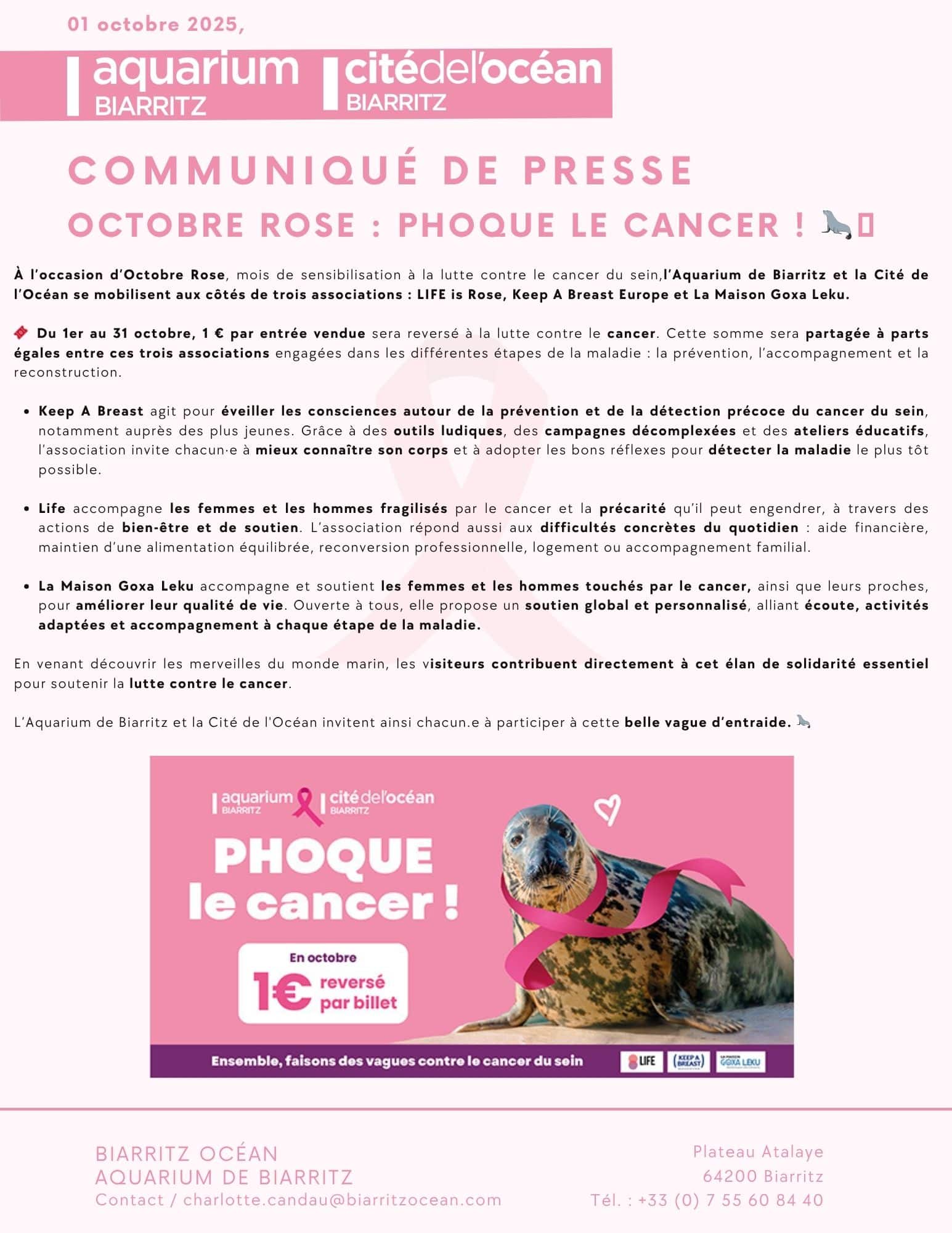 Communiqué de presse pour la campagne d'octobre rose : "Phoque le cancer"