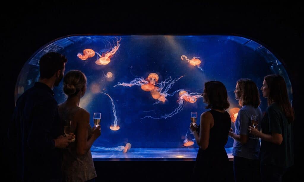 Un groupe d'adulte qui dinent et boivent devant le bassin des méduses.