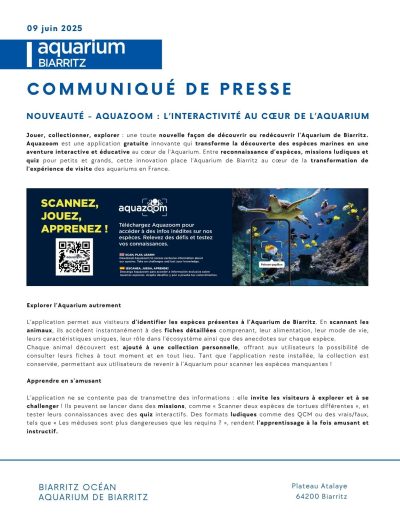 Communiqué de presse pour la nouvelle application de l'Aquarium : Aquazoom